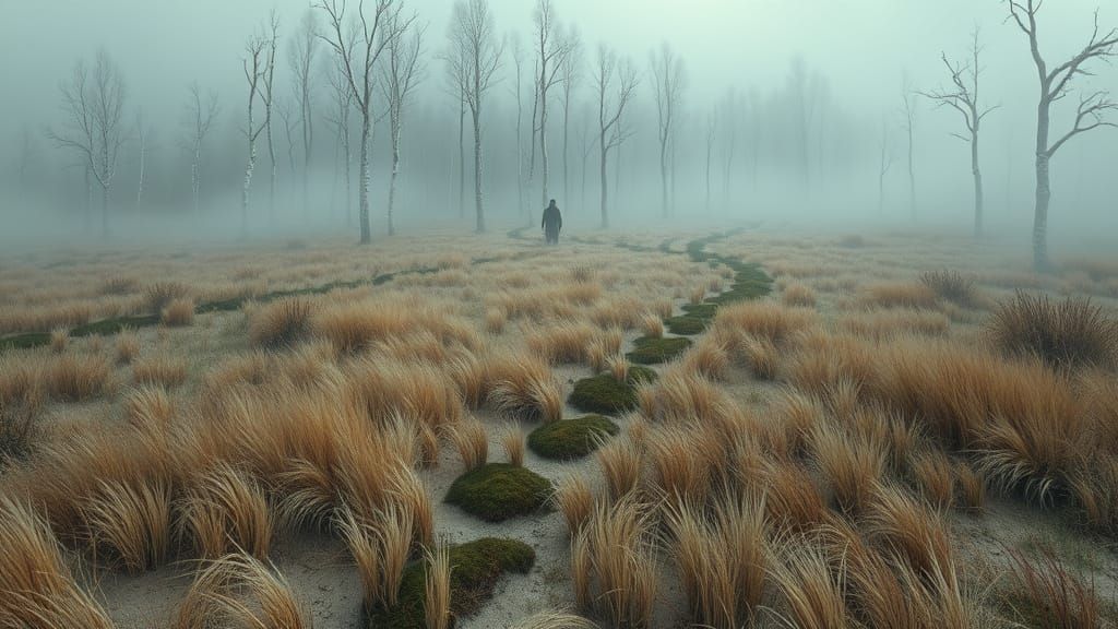 Surreal Dark Fantasy Landscape with Mysterious Figure