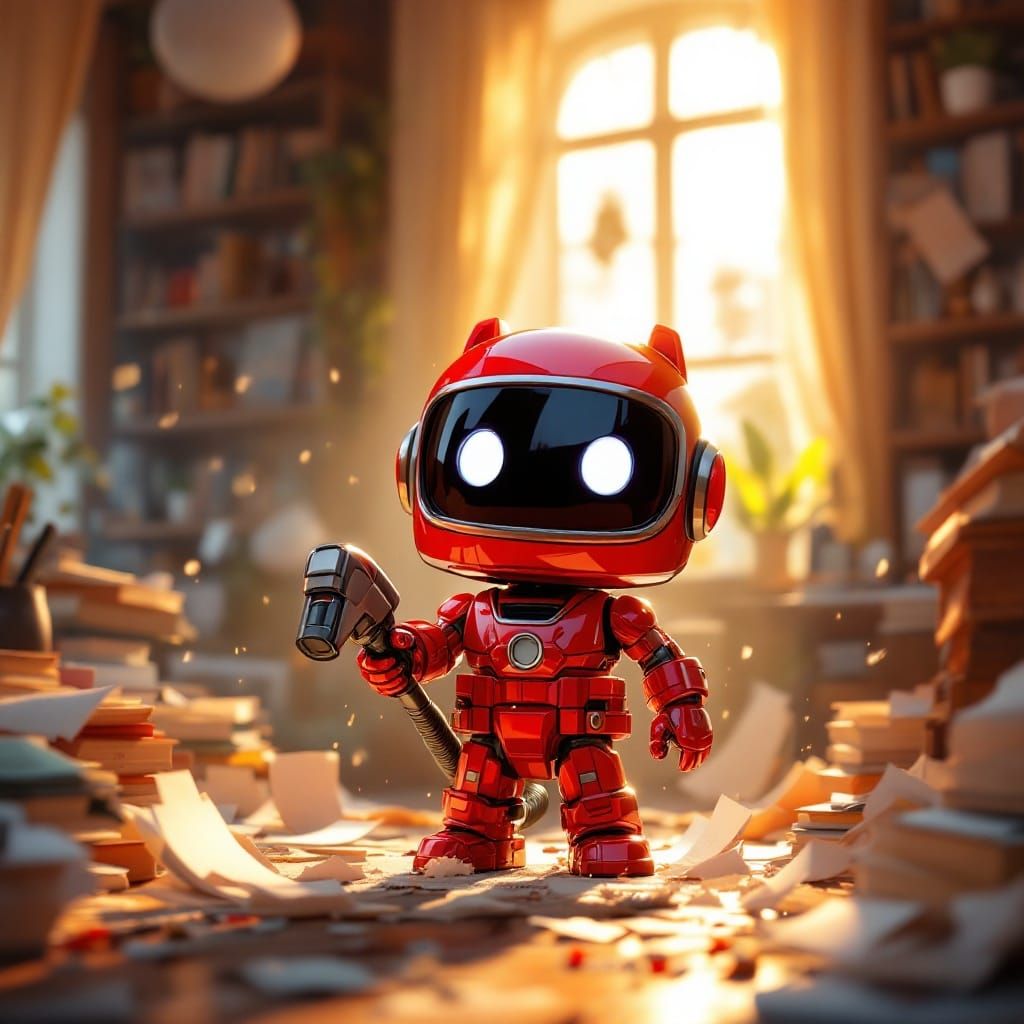 Determined Chibi Vacuum Cleaner in a Cluttered Study