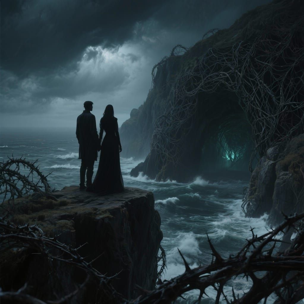 Couple on Cliff Overlooking Vine Sea Caves in Stormy Sky
