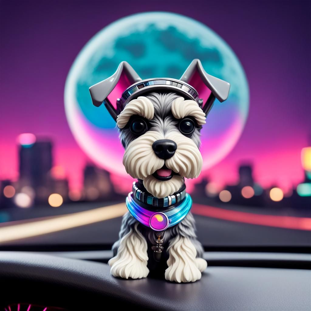 Schnauzer Bobblehead Toy with Synthwave Backdrop