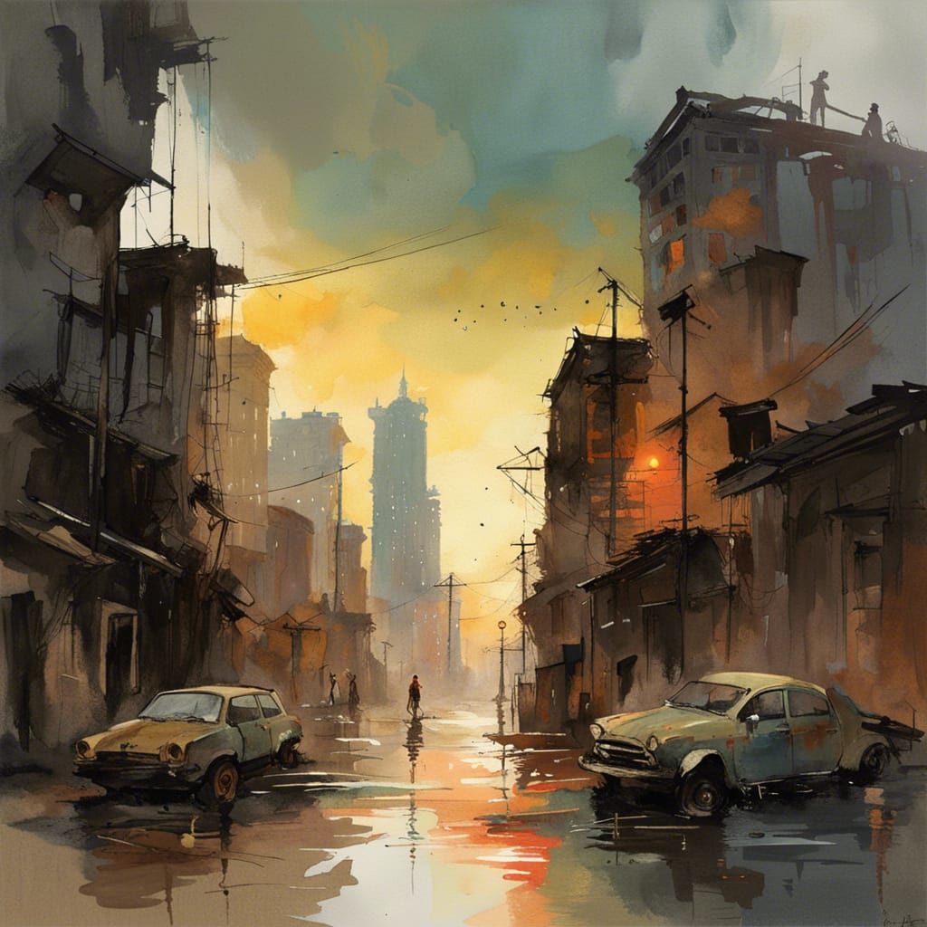 Dystopian Post-Apocalyptic Cityscape in Surreal Style