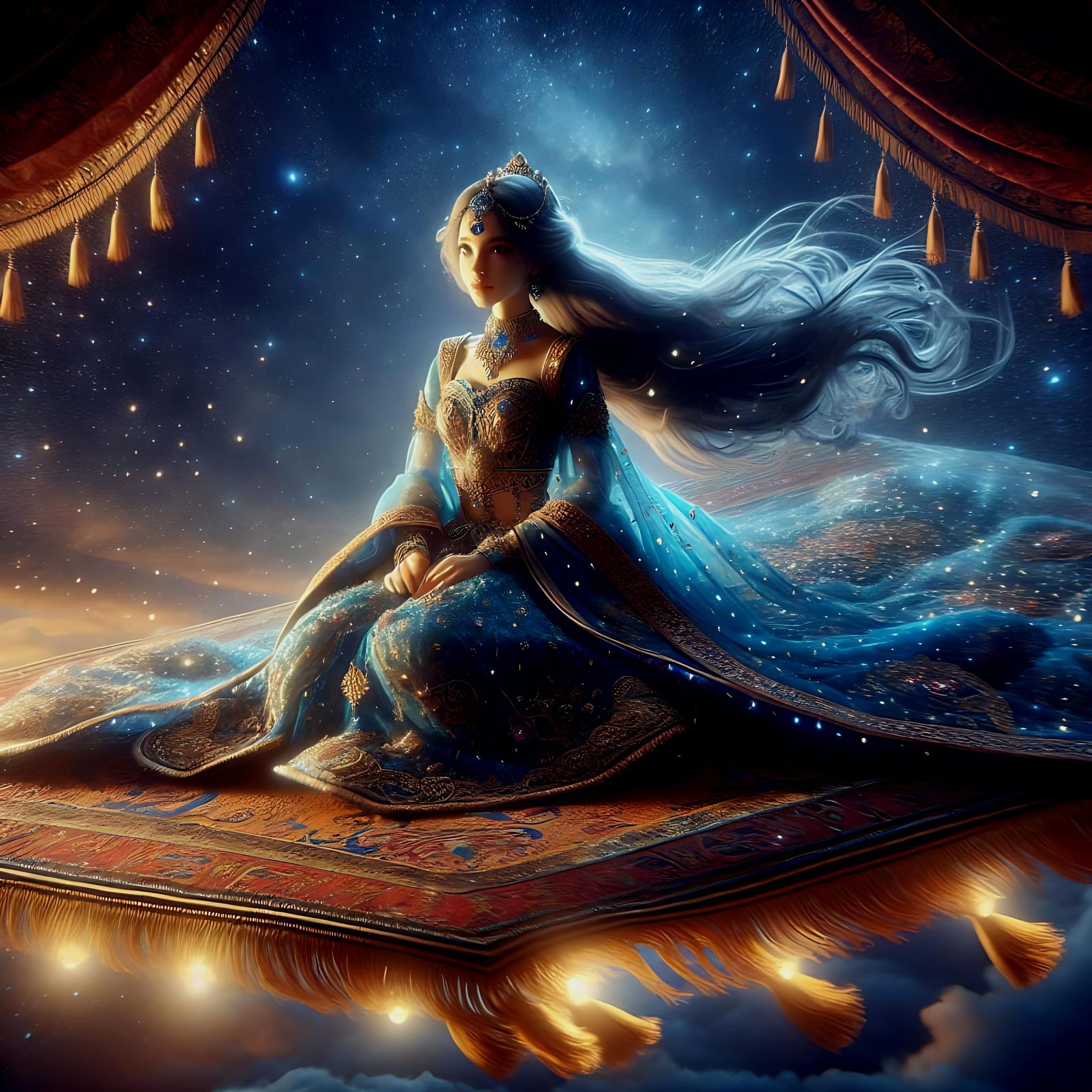 Princess on Magic Carpet Ride Under Starry Sky