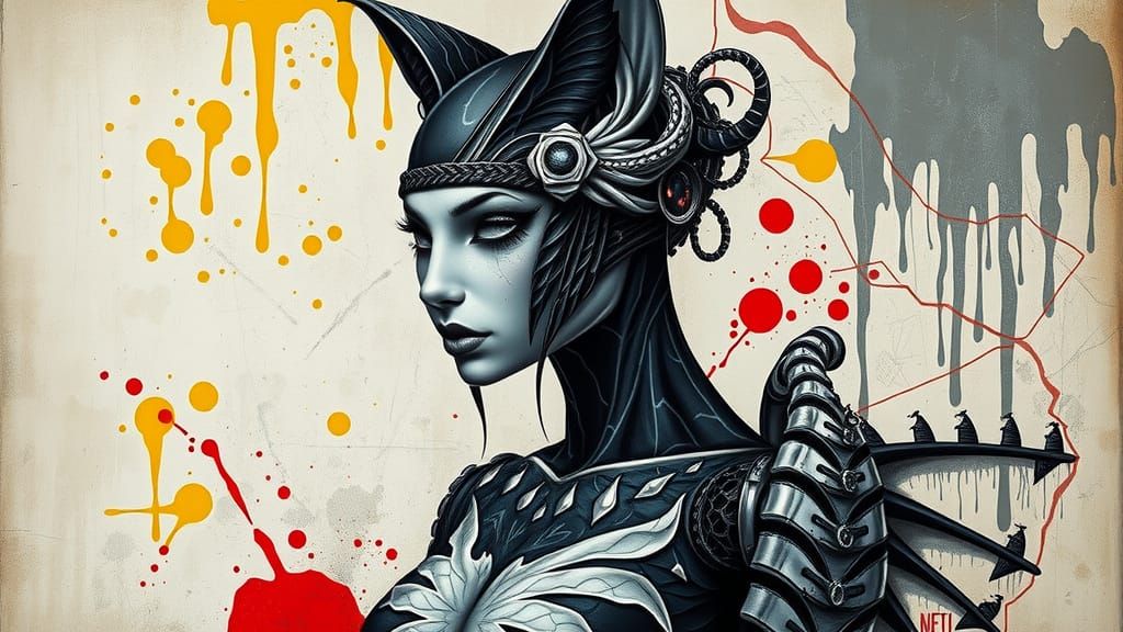 Black and White Cat-Woman in Tattoo Art Style