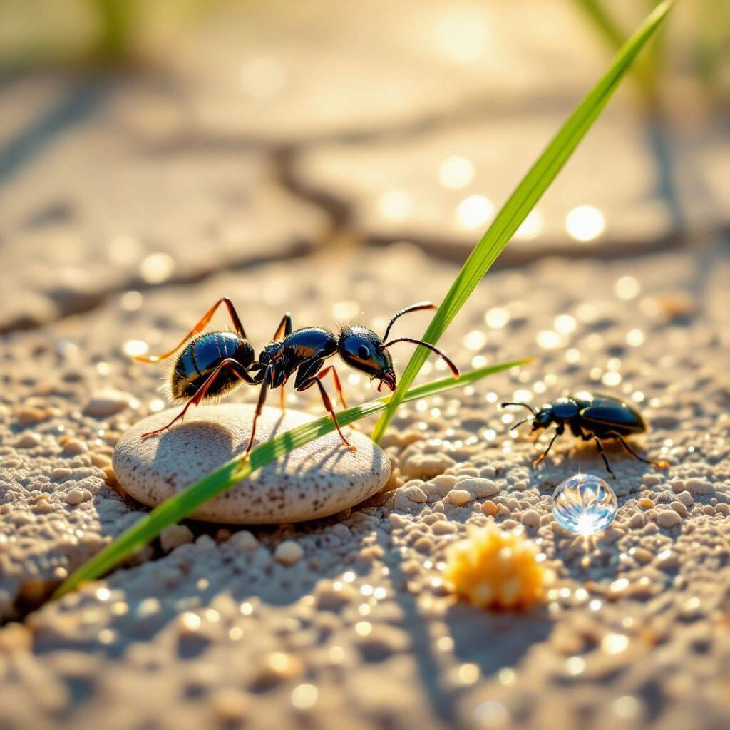 Ant's Journey on Cracked Earth in Vivid Macro Style