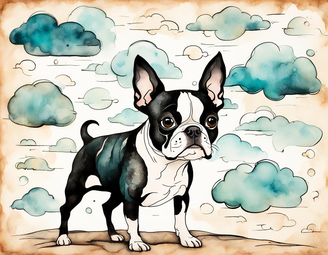 Boston Terrier in Japanese Watercolor Style