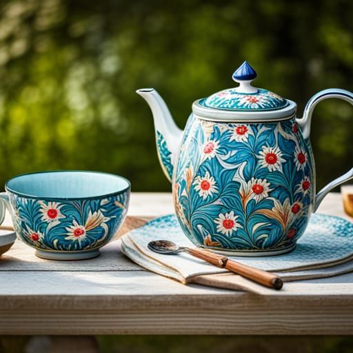Teapot and Cups in Garden, William Morris Style