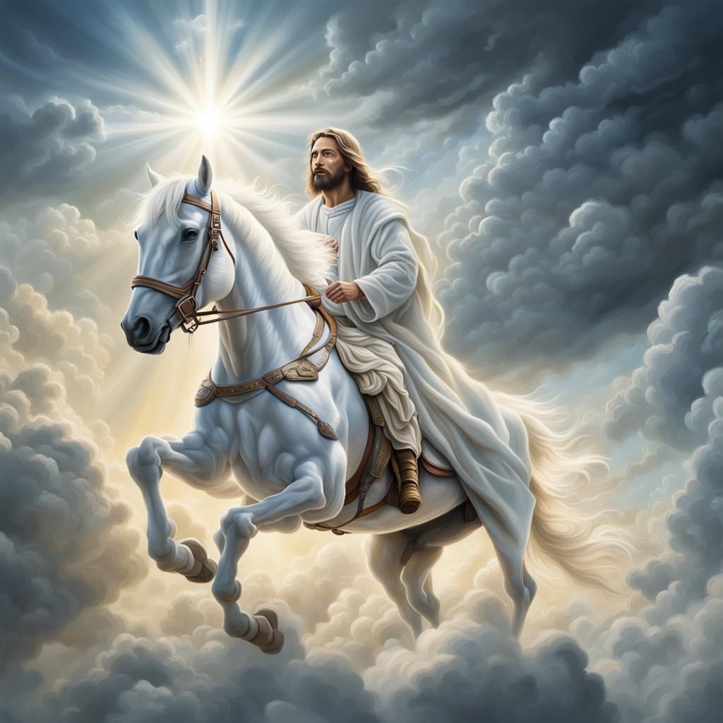 Jesus Rides White Horse in Clouds: Airbrush Art