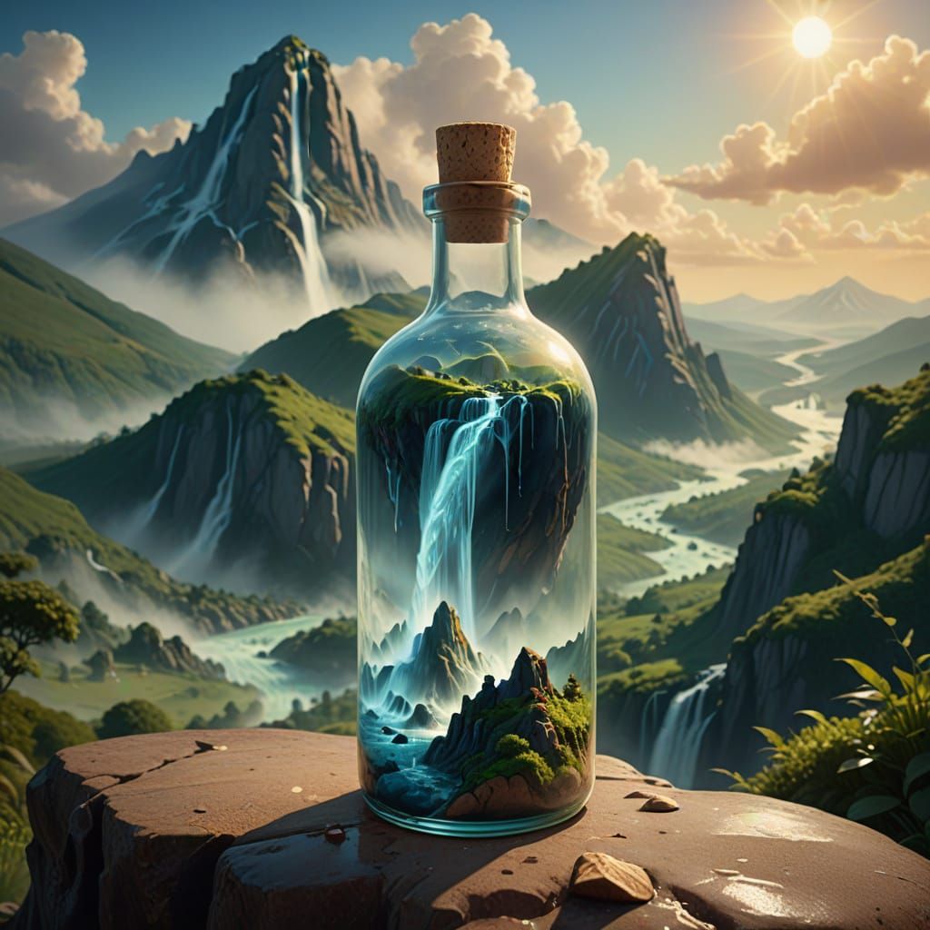 Surreal Glass Bottle Contains Waterfall Mountain Range