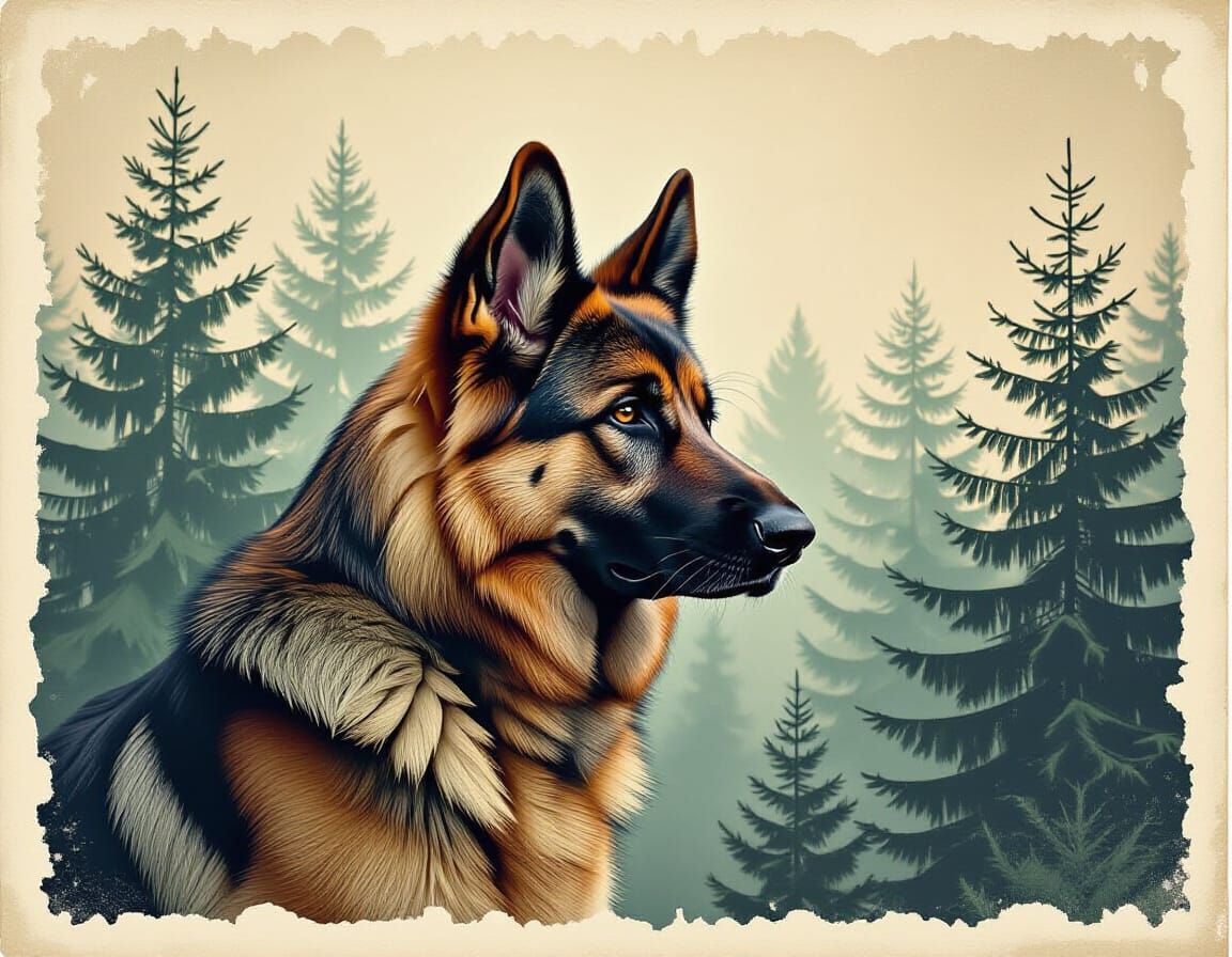 German Shepherd and Forest in Watercolour Style