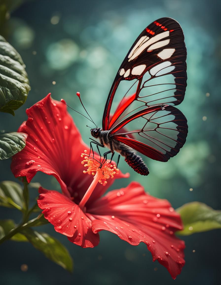Glasswing Butterfly Pollinating a Red Hibiscus Flower