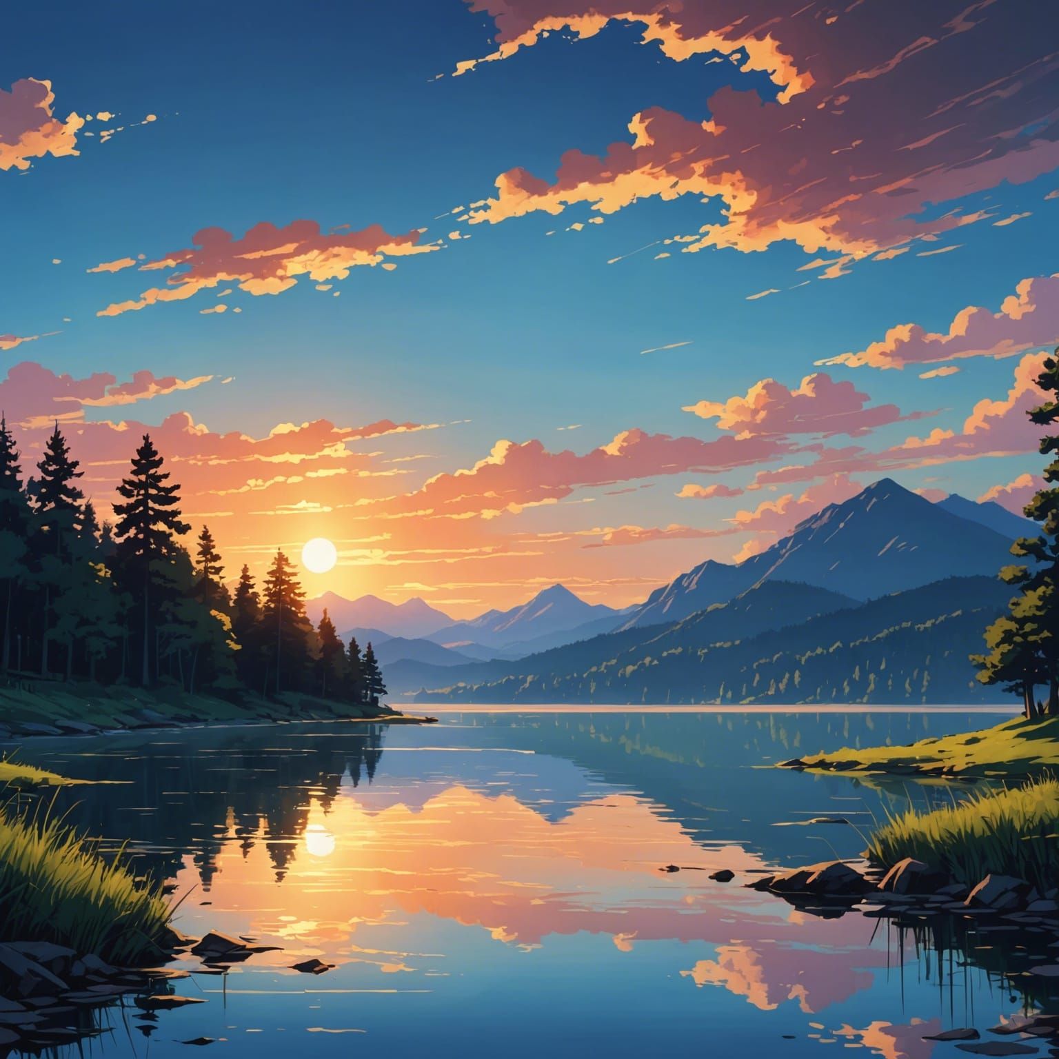 Sunset Lake: Anime-Inspired Cel-Shaded Painting