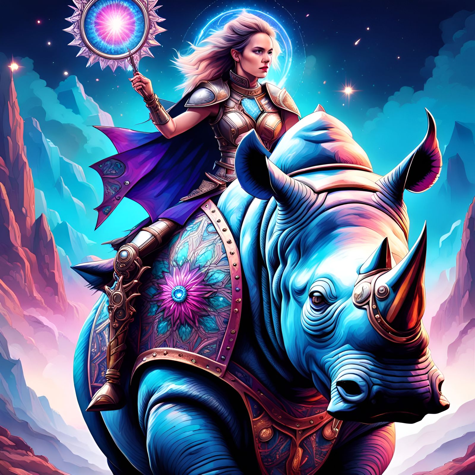 Aetherpunk Warrior Goddess and her Rhino Steed