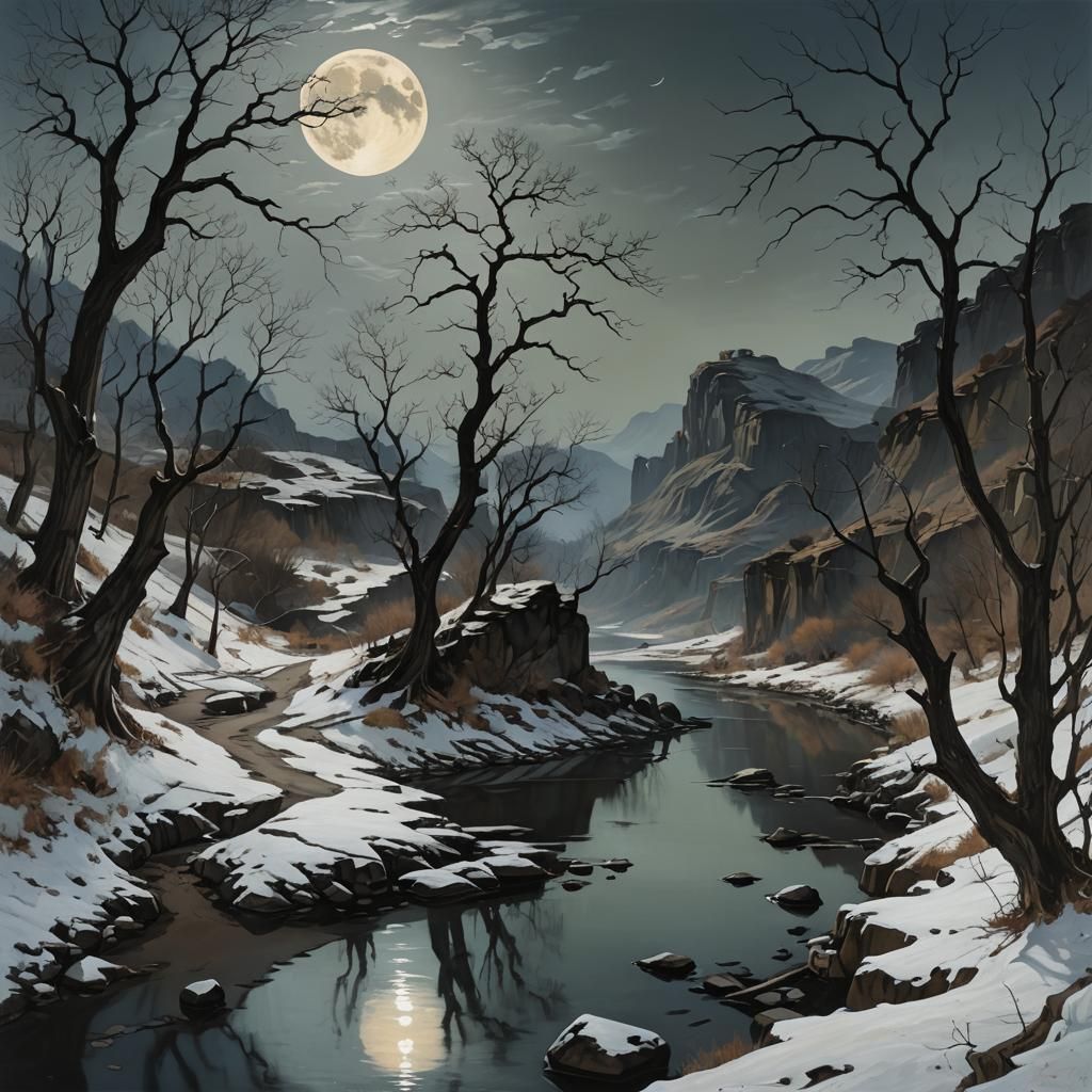 Mystical Moonlit Landscape with Red Accents