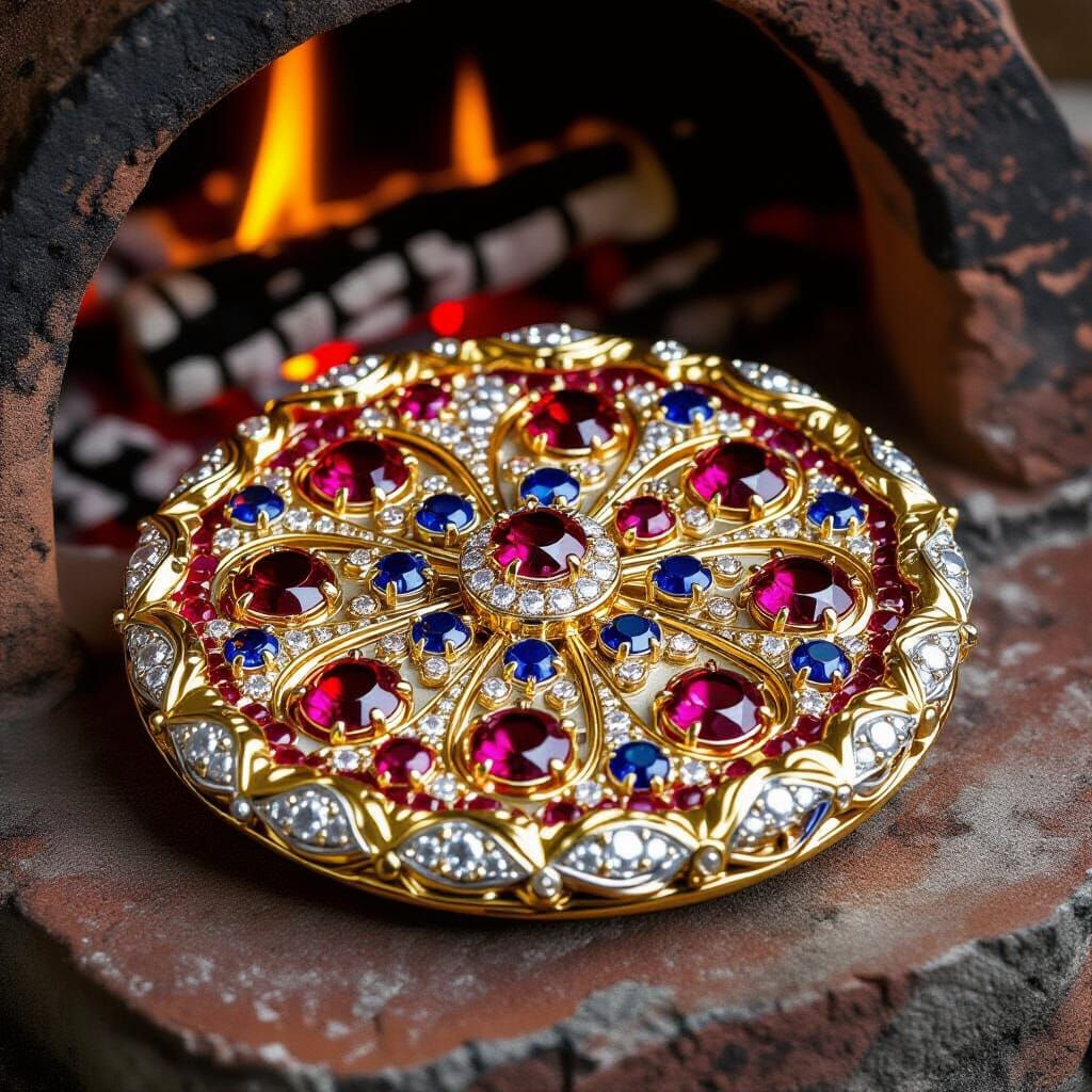 Fabergé Style Jeweled Pepperoni Pizza Brooch