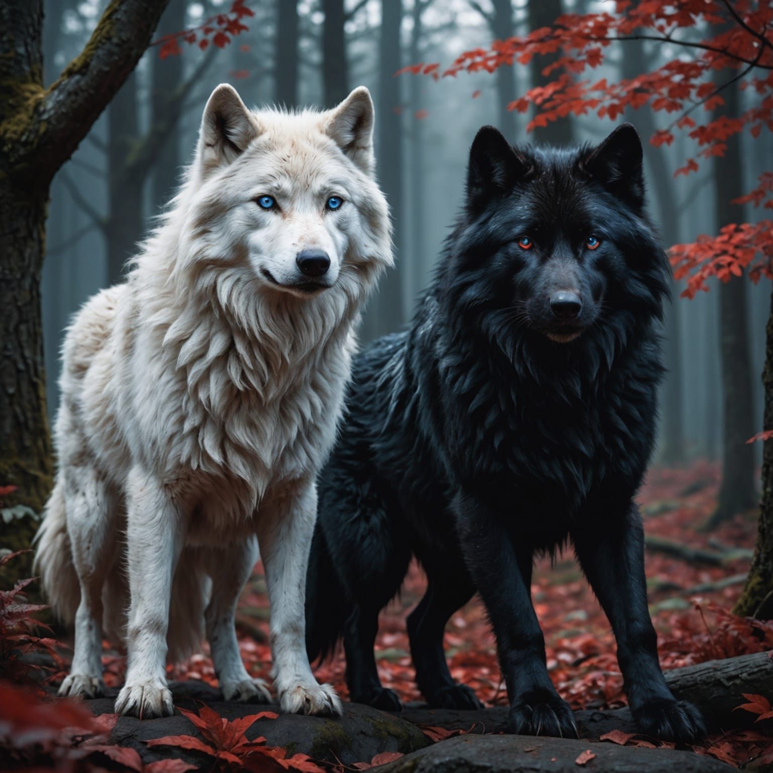 Contrasting Wolves in Shadows: Fantasy Concept Art