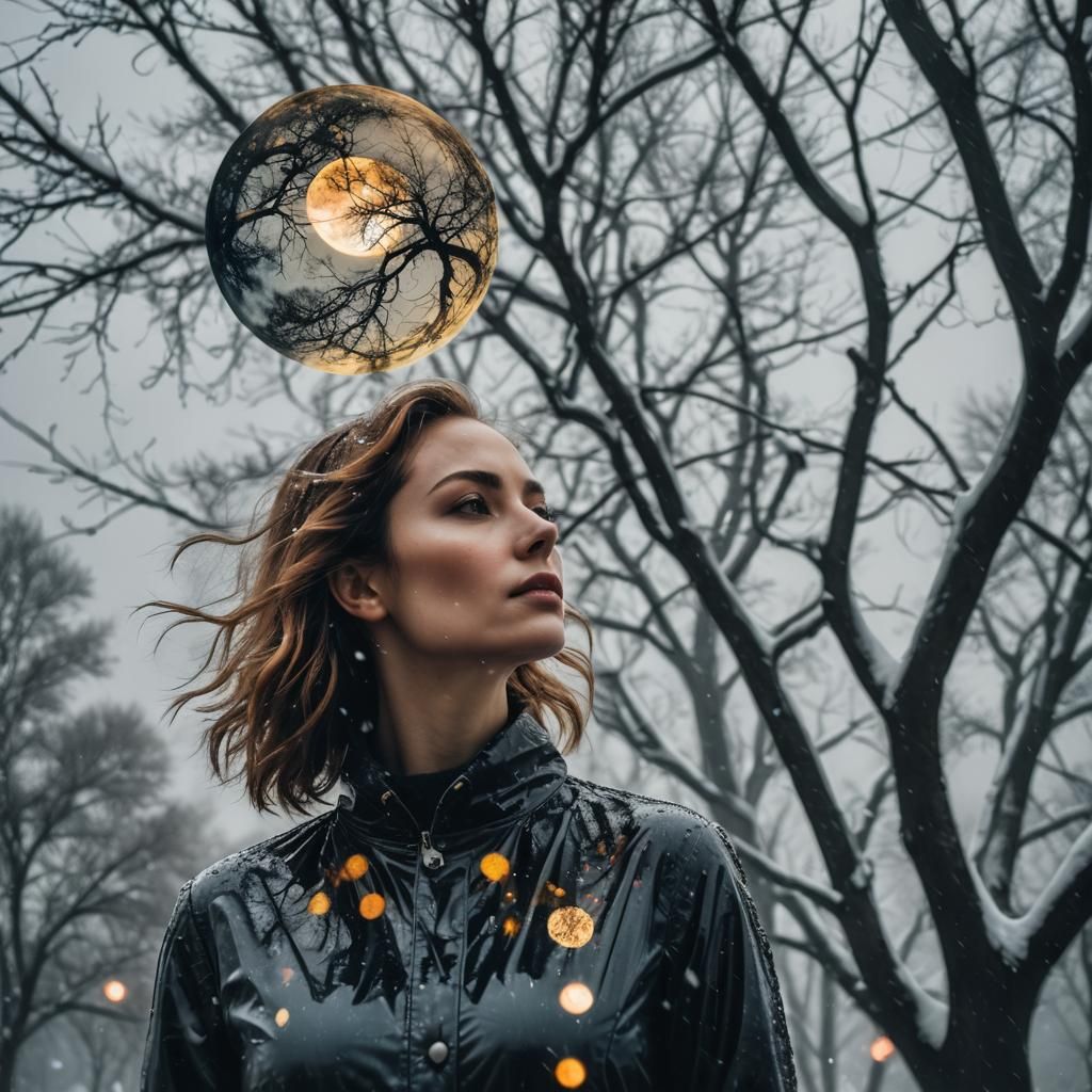 Surreal Woman with Moons in Double Exposure