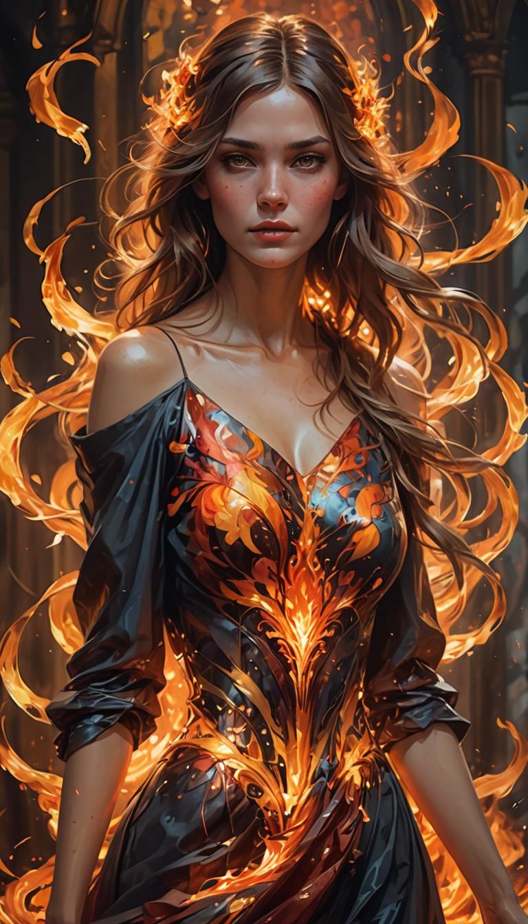 Woman in Fiery Dress: Alcohol Painting Portrait