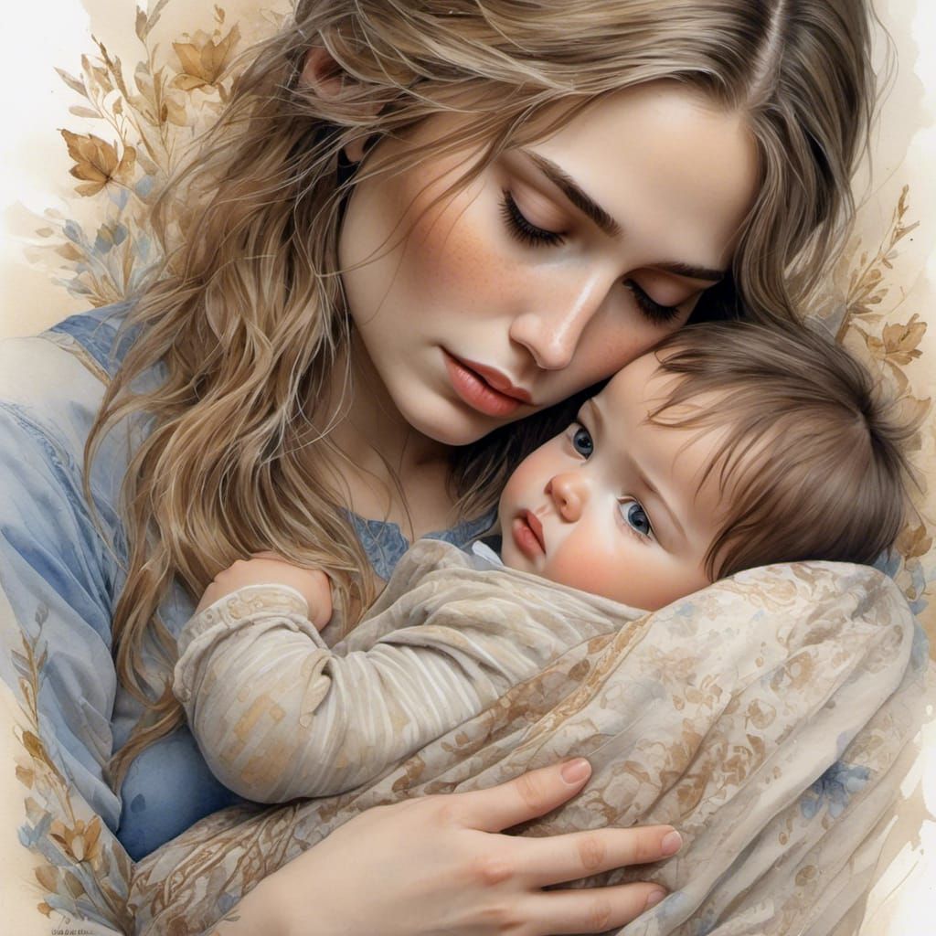 Jesus and Baby in Watercolor Ink Drawing