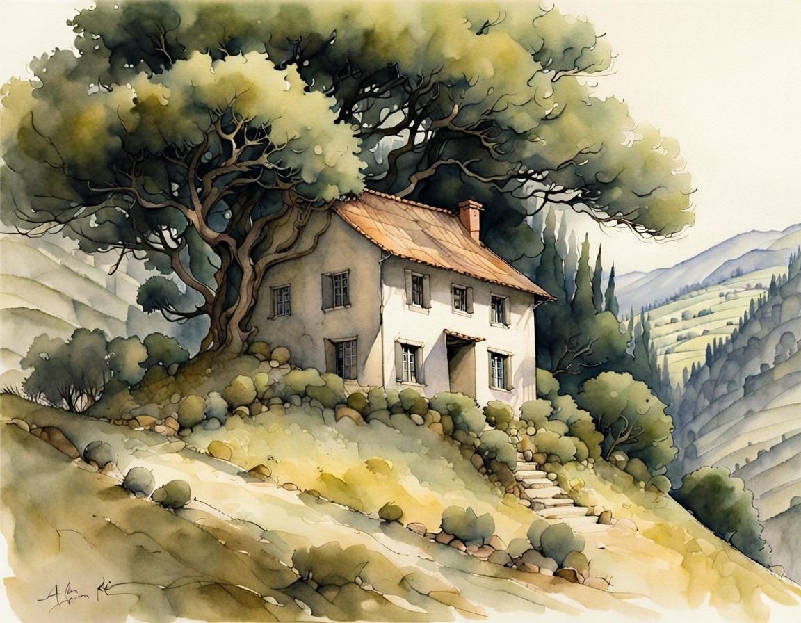 Idyllic Valley House in Watercolor Style
