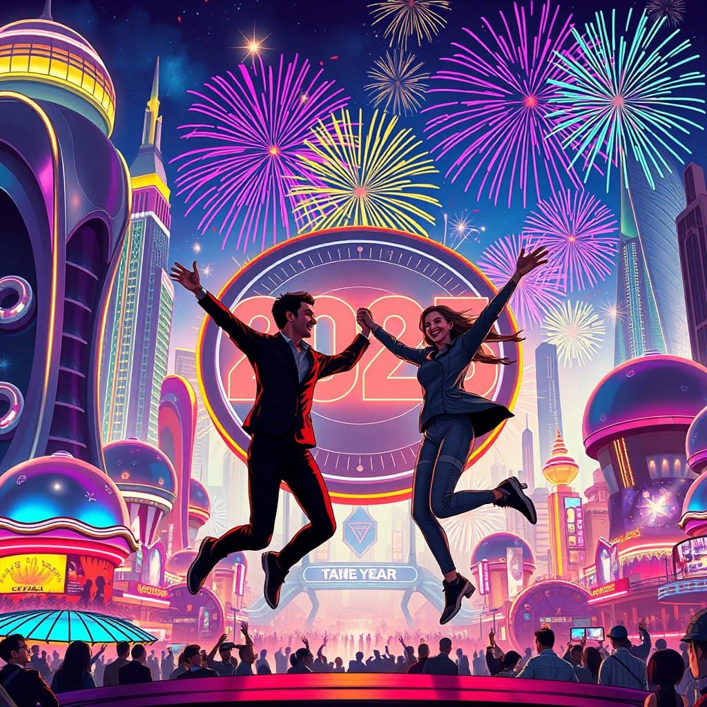 Stylish Sci-Fi Duo Celebrates the New Year in Vibrant Cyberp...