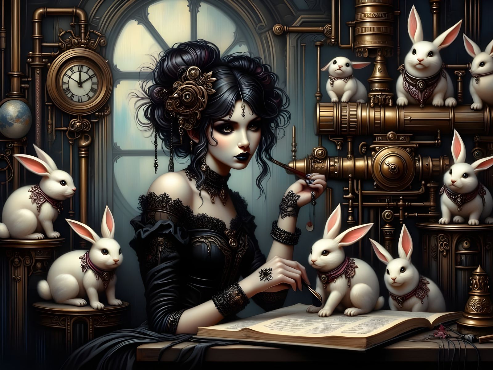 Steampunk Tinkerer at Work in Elegant, Romantic Goth Style