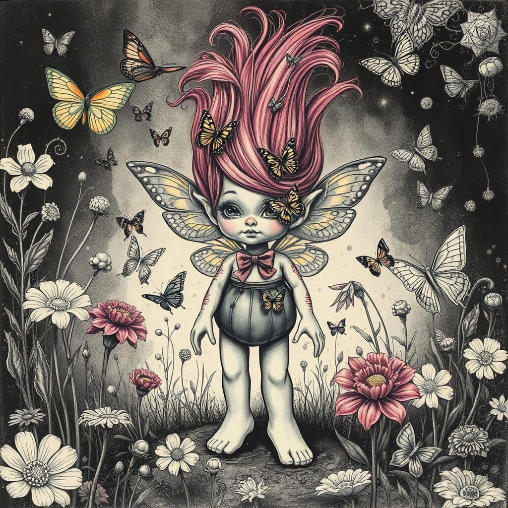 Steampunk Troll Doll with Butterflies in Mystical Garden