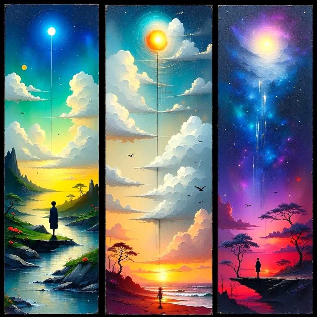 Surreal, Dreamlike Triptych Masterpiece in Vibrant, Iridesce...