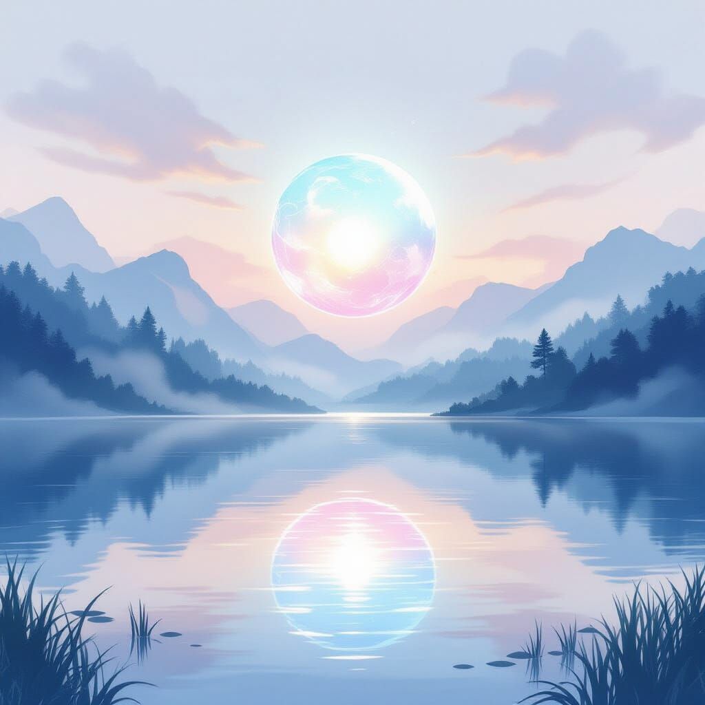 Magical Orb Over Tranquil Water in Watercolor Style