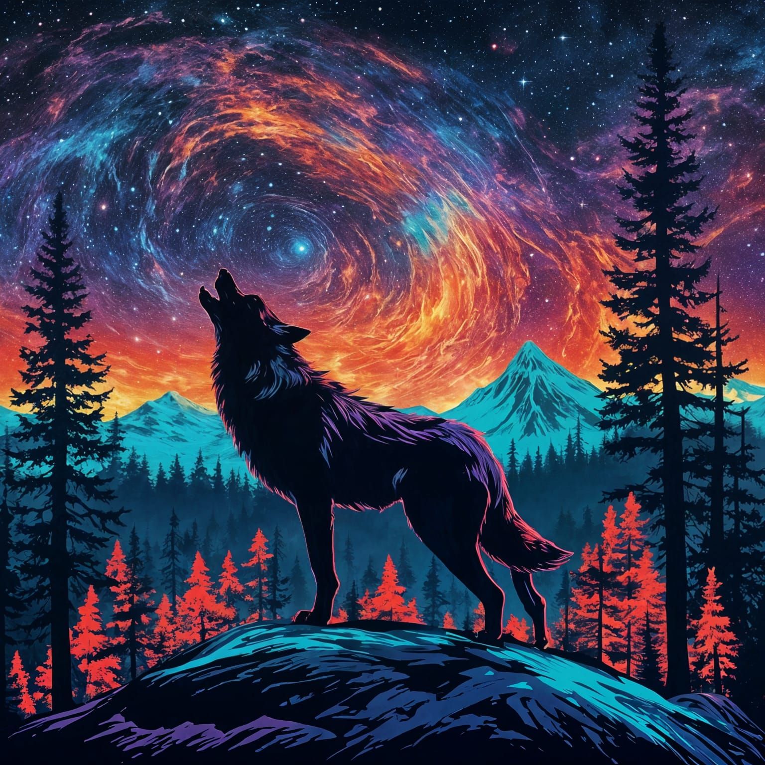 Cosmic Wolf Howling Silhouette in Night Sky