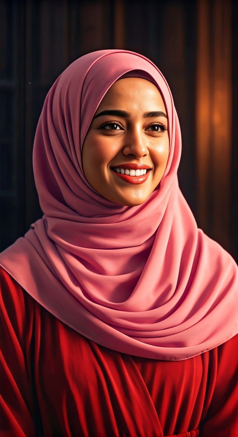 Glowing Pink Hijab Portrait in Cinematic Style