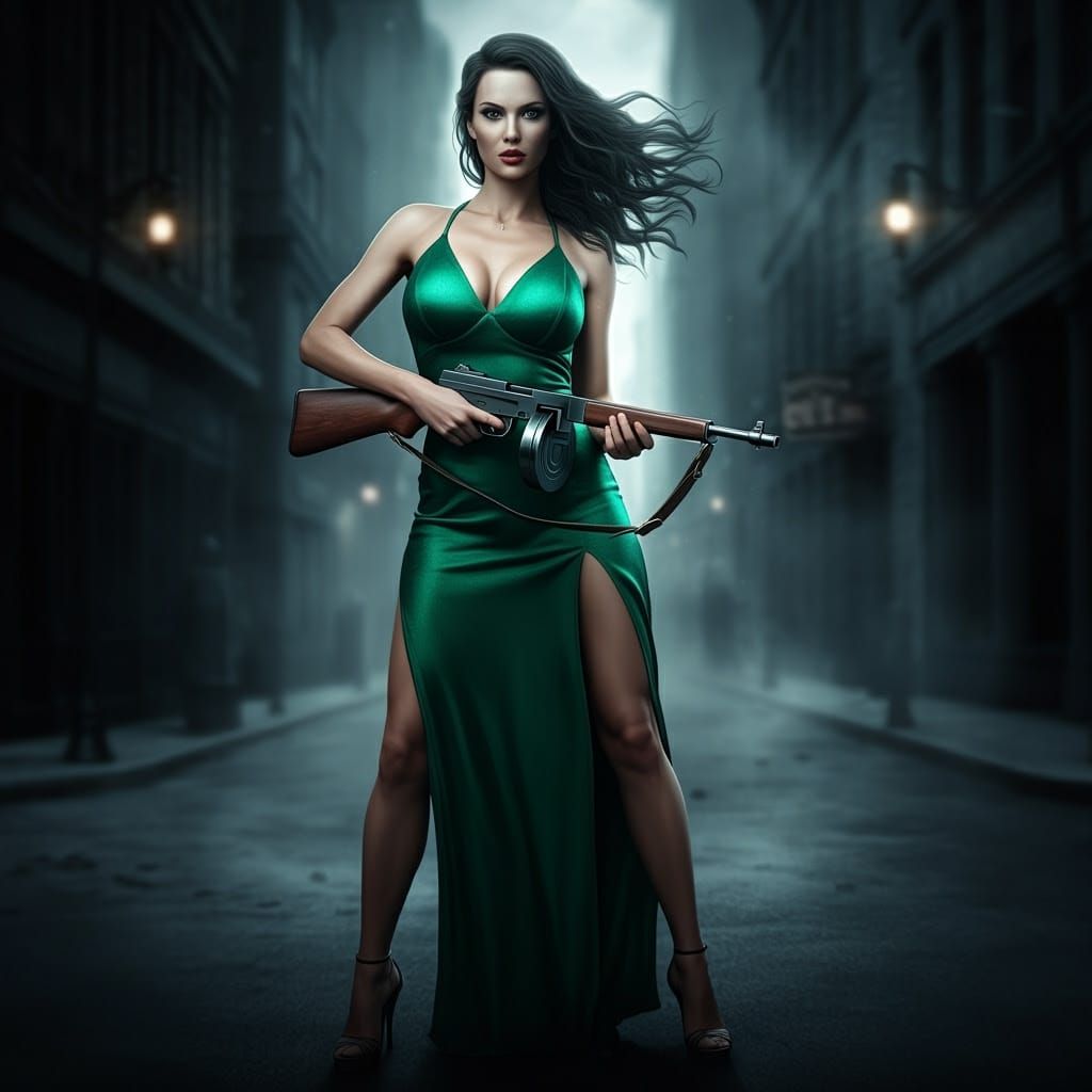 Woman with Thompson Sub-Machine Gun in Dark City