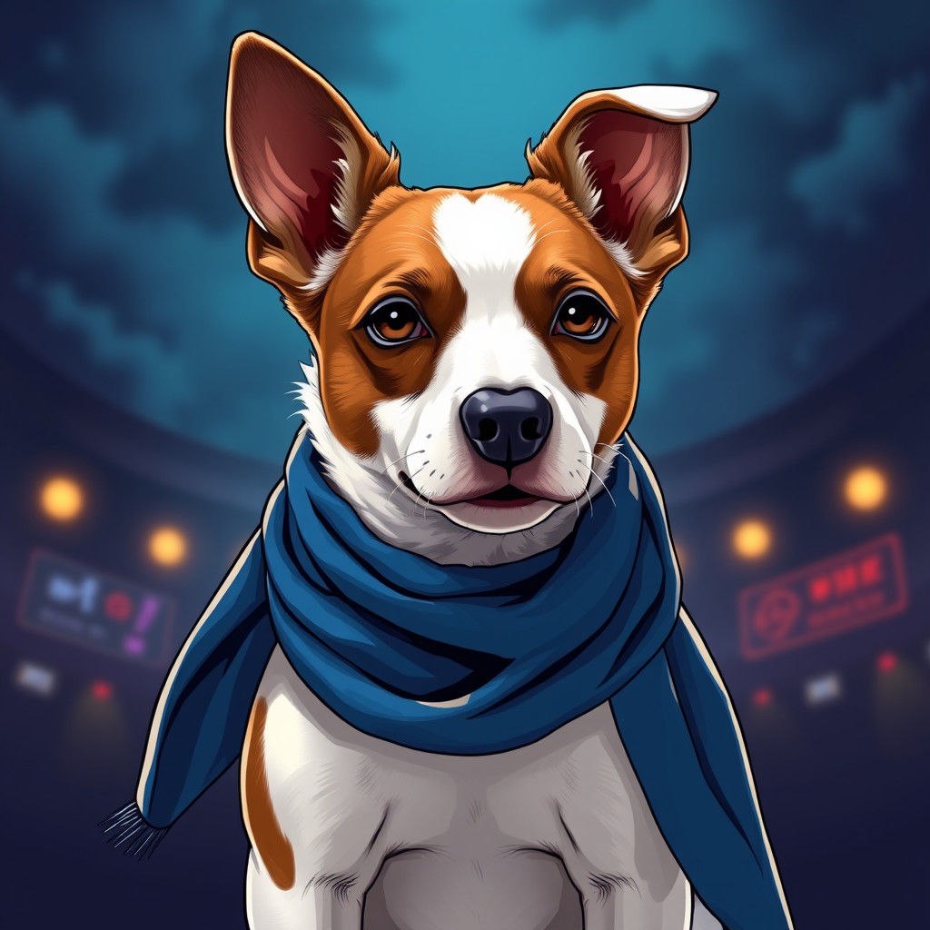 A jack russell terrier wearing a 100k blue scarf