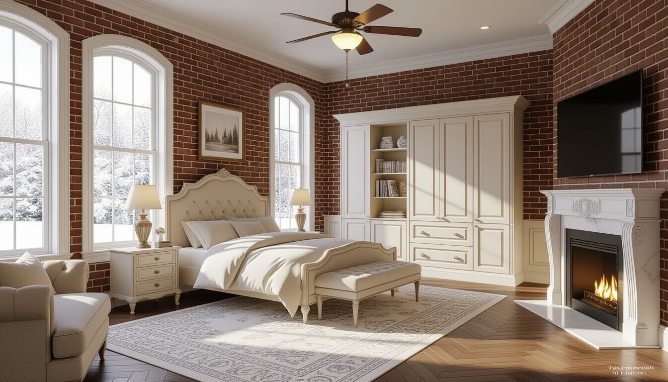 Victorian Bedroom with Snowy View and Fireplace