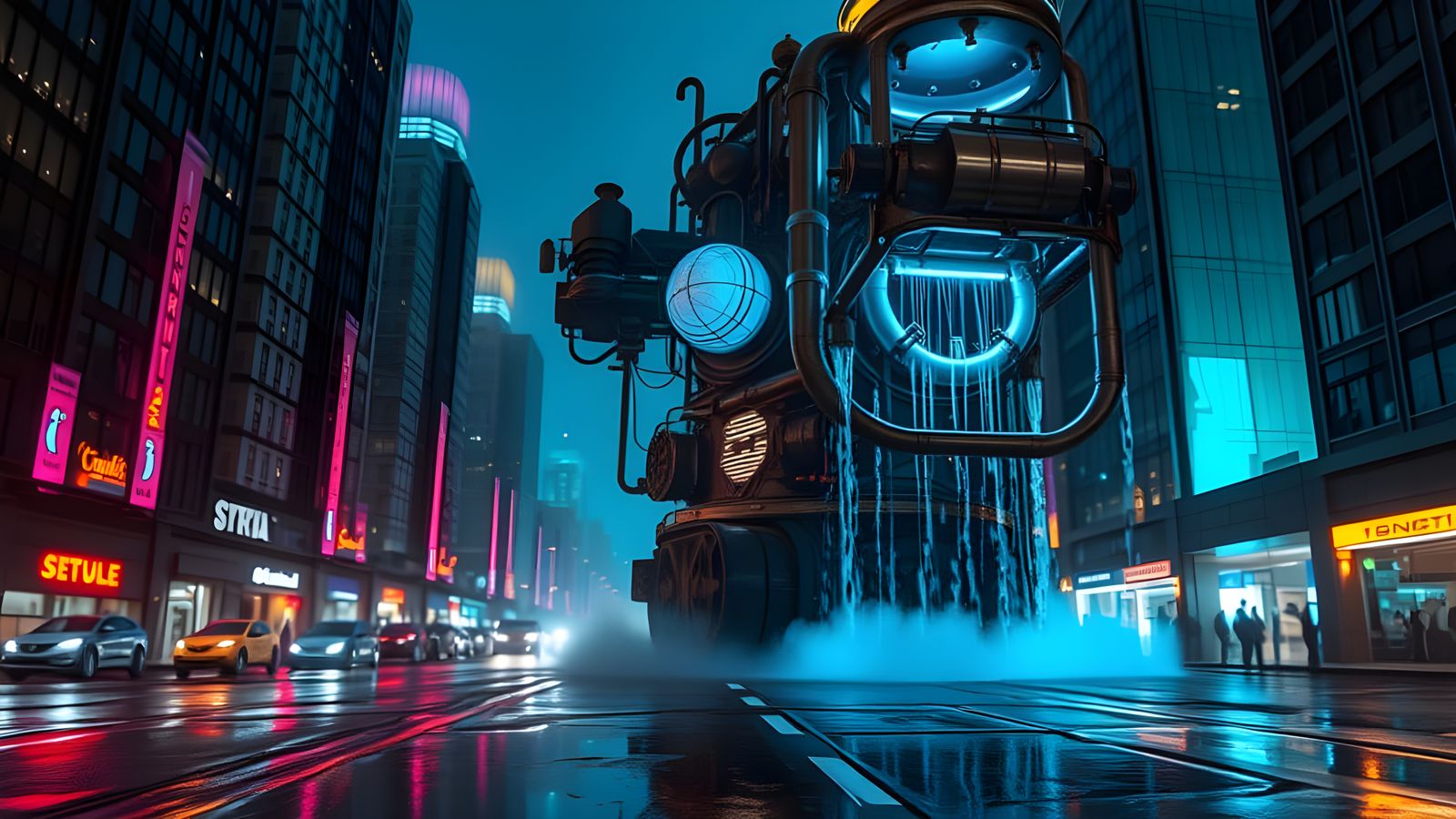 Neon Steampunk Death Machine in Dystopian City