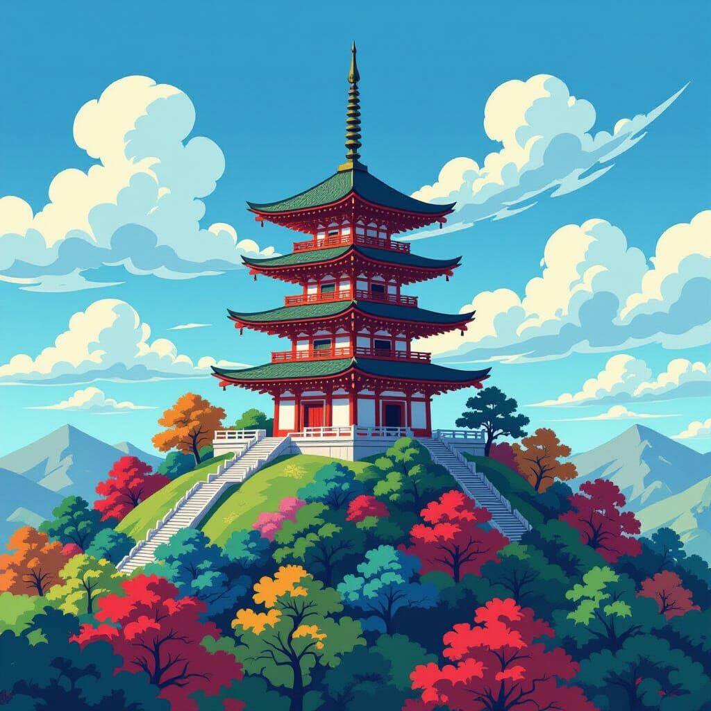 Pagoda on Hilltop in Surrealist Style