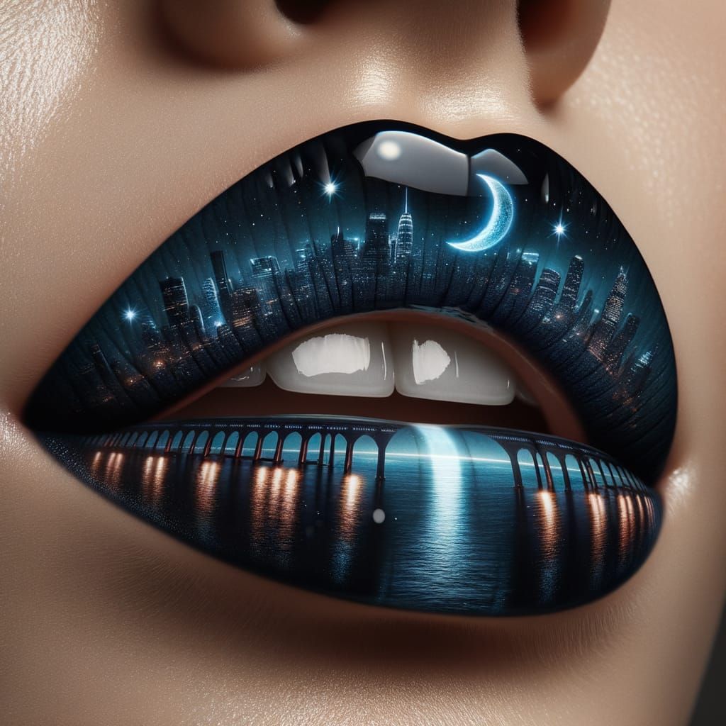Glossy Black and Blue Lipstick Under Crescent Moon Night Sky...