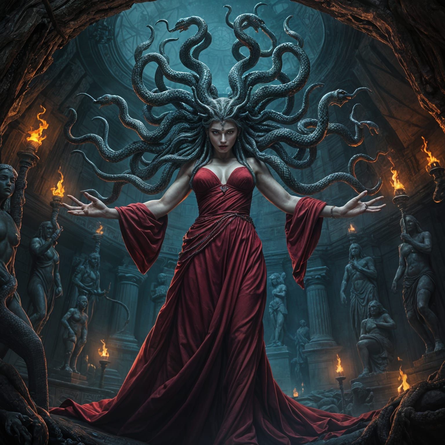 Medusa in Dreary Dungeon with Stone Statues