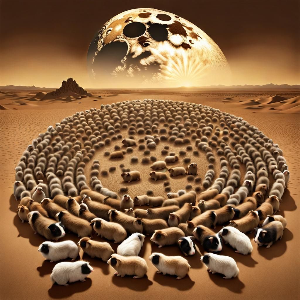 Ornate Moon Over Guinea Pigs in Sepia Tone