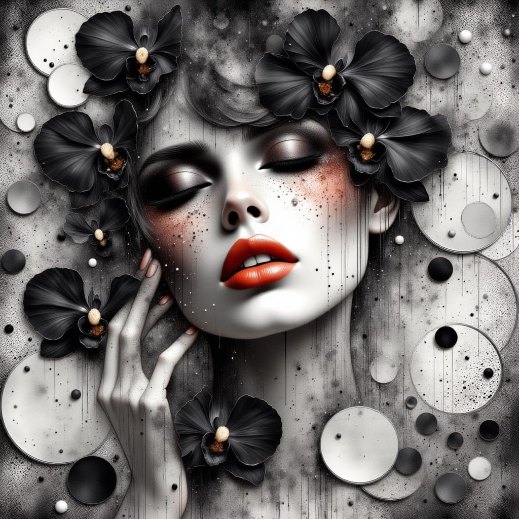 Woman with Black Orchids in Digital Art Style