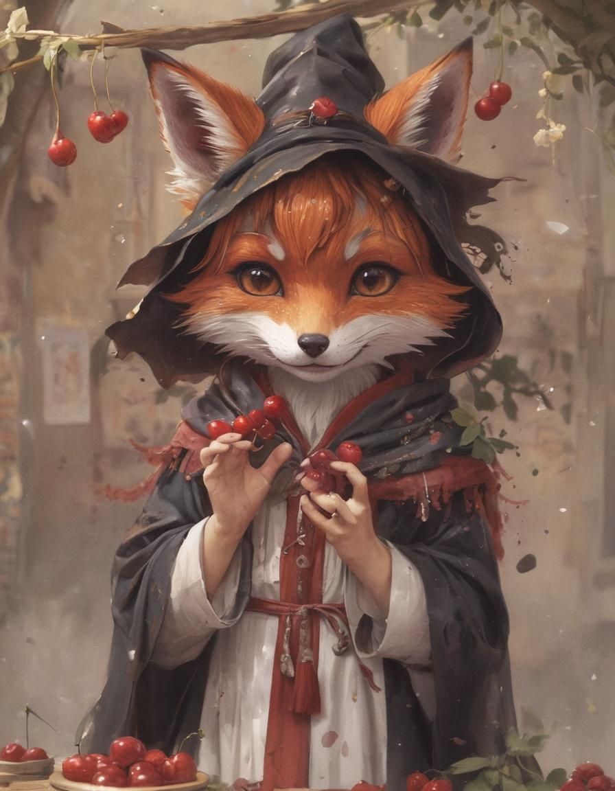 Crying Fox Witch at Cherry Stall Illustration