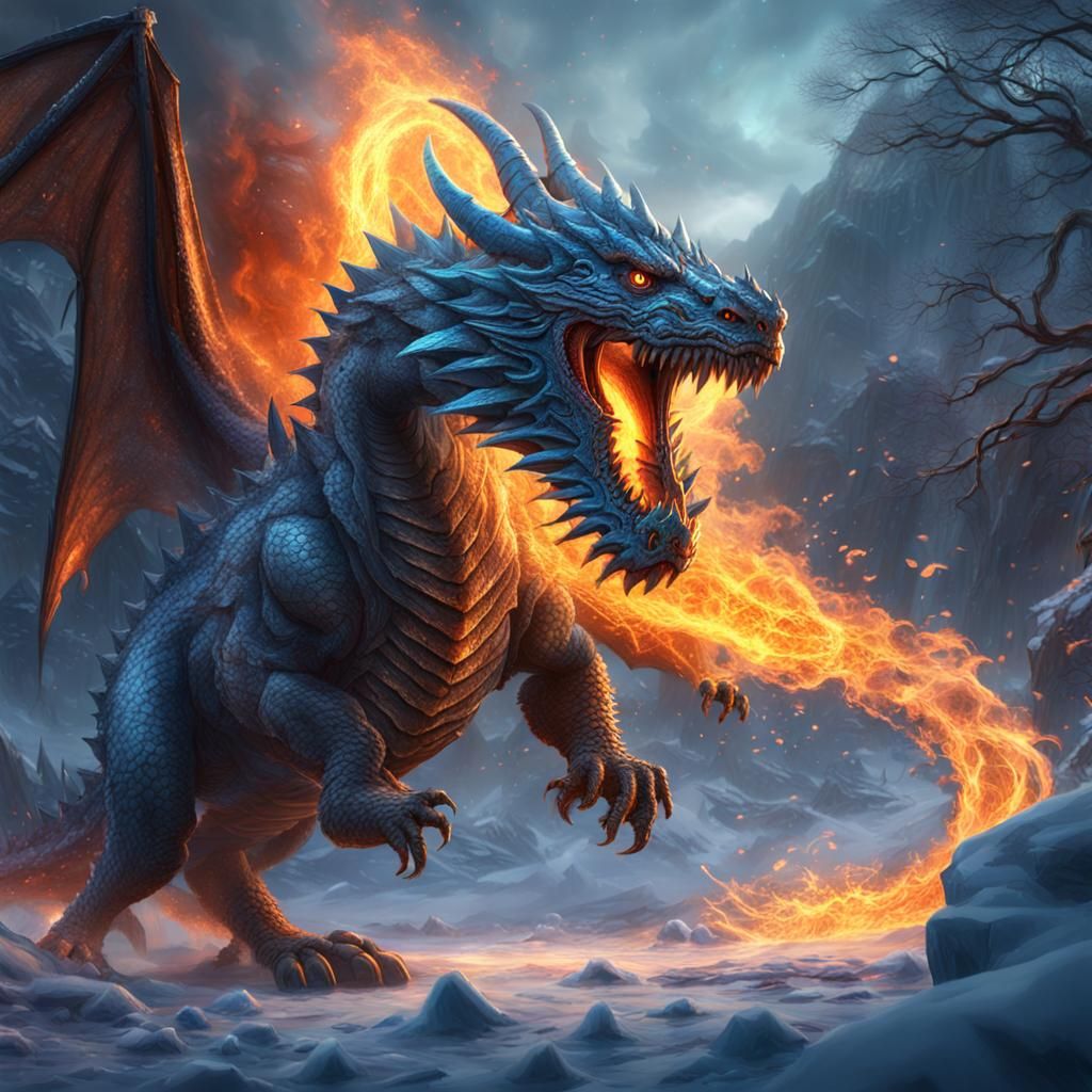Ice Dragon Walking Through Fire in Detailed Matte Painting