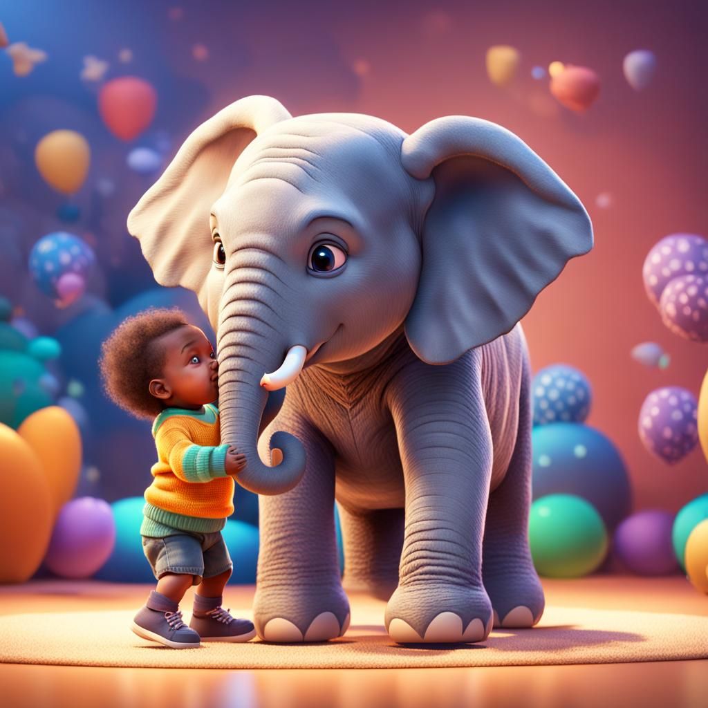 Toddler with Elephant Toy: 3D Digital Art