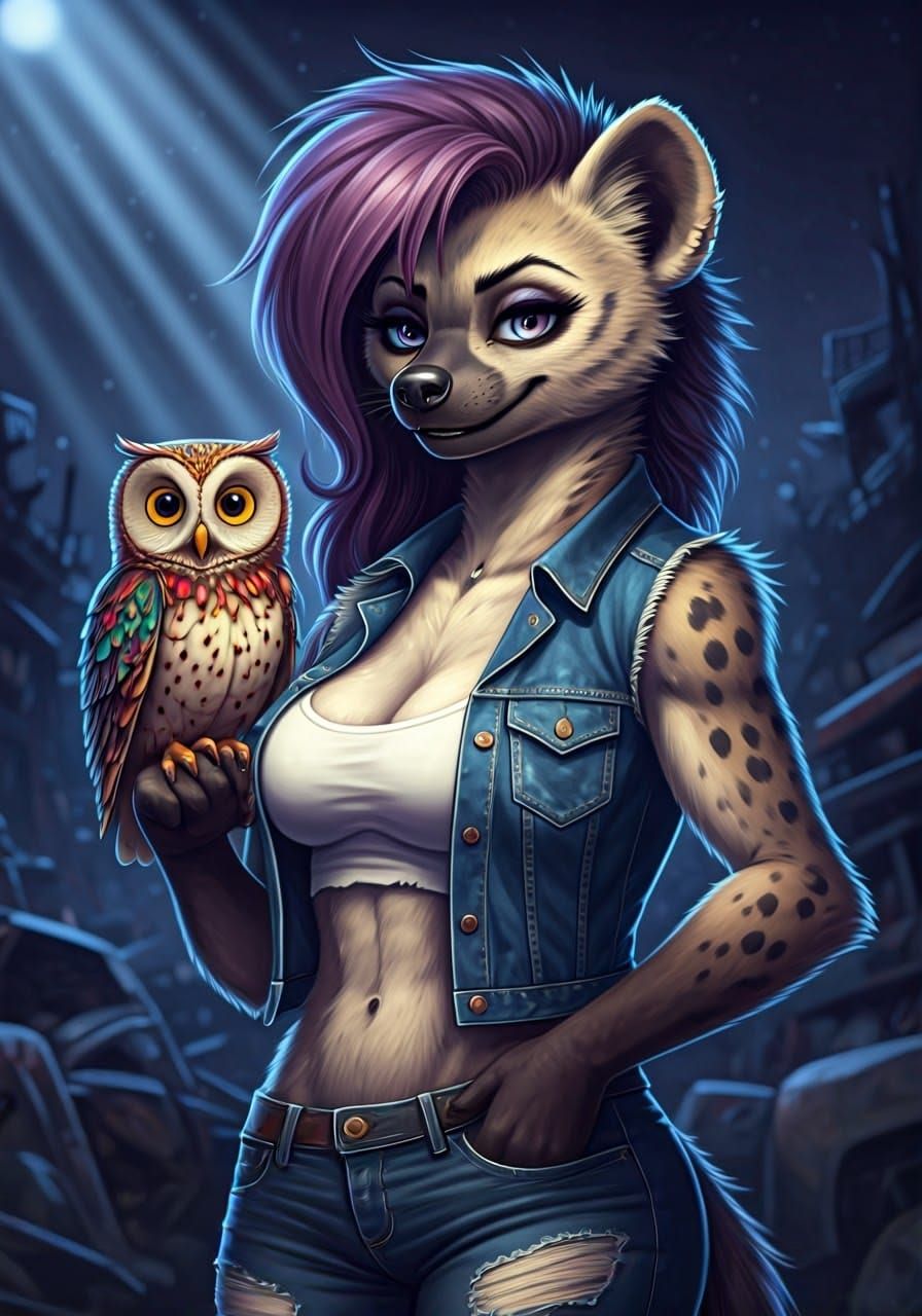 Mystical She-Hyena with Colorful Owl Companion in Moonlit Ju...