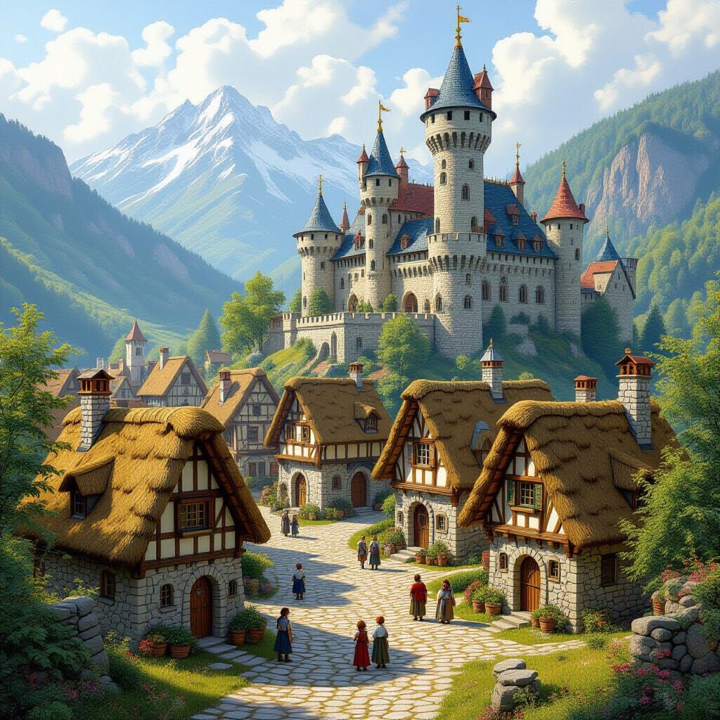 Medieval Village with Castle in Romantic Style