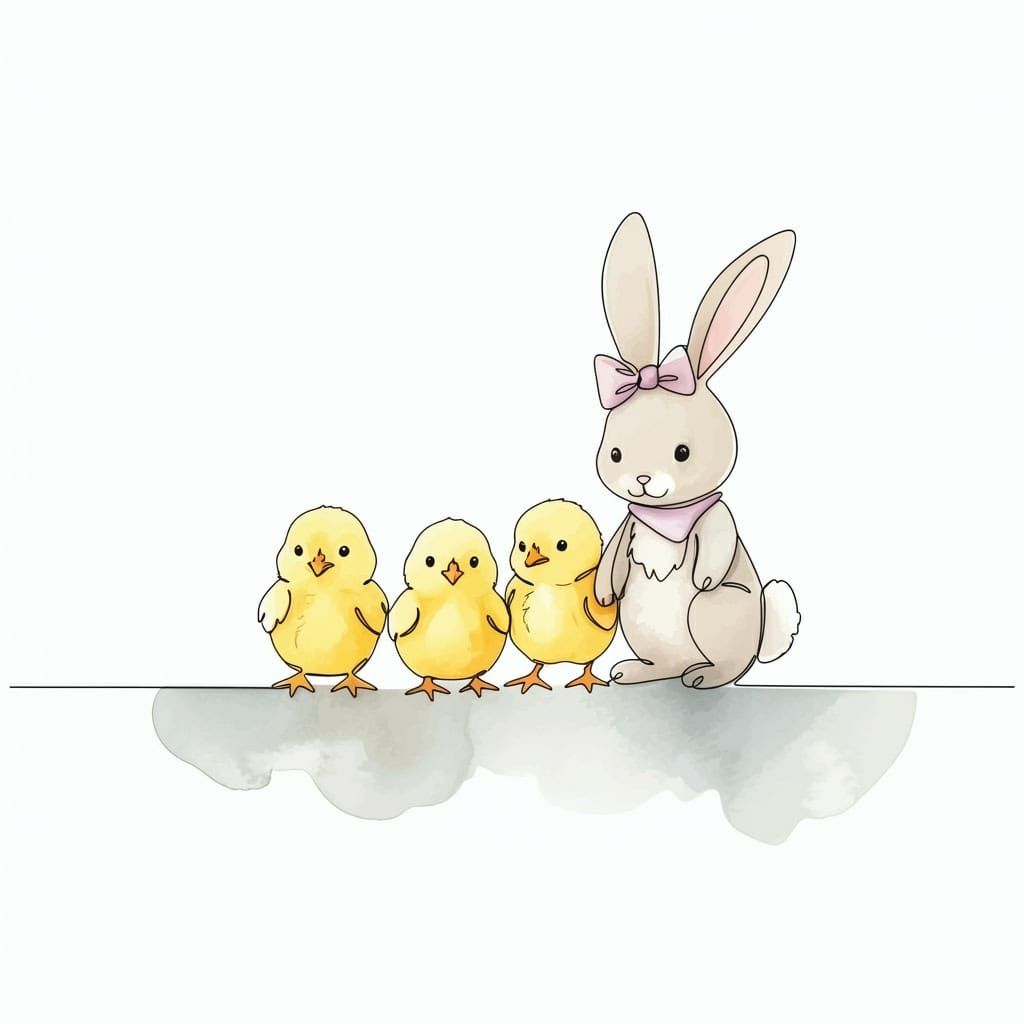 Delicate Line Art of Chicks and Rabbit Friends