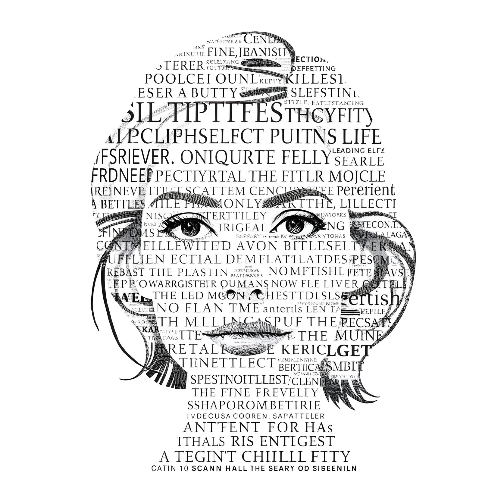 Typography Portrait of a Woman in Monochromatic Text Art