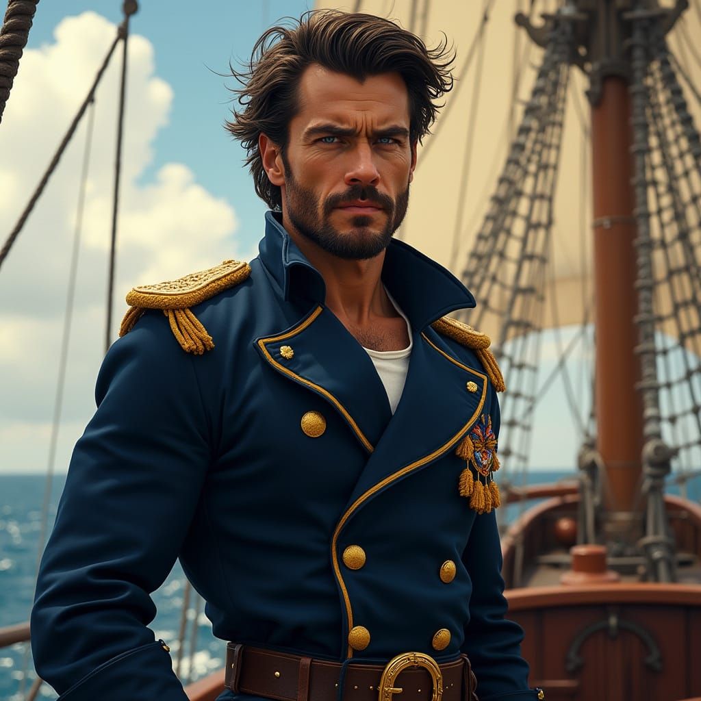 Rugged Captain in Navy Uniform Stands Confidently on Histori...