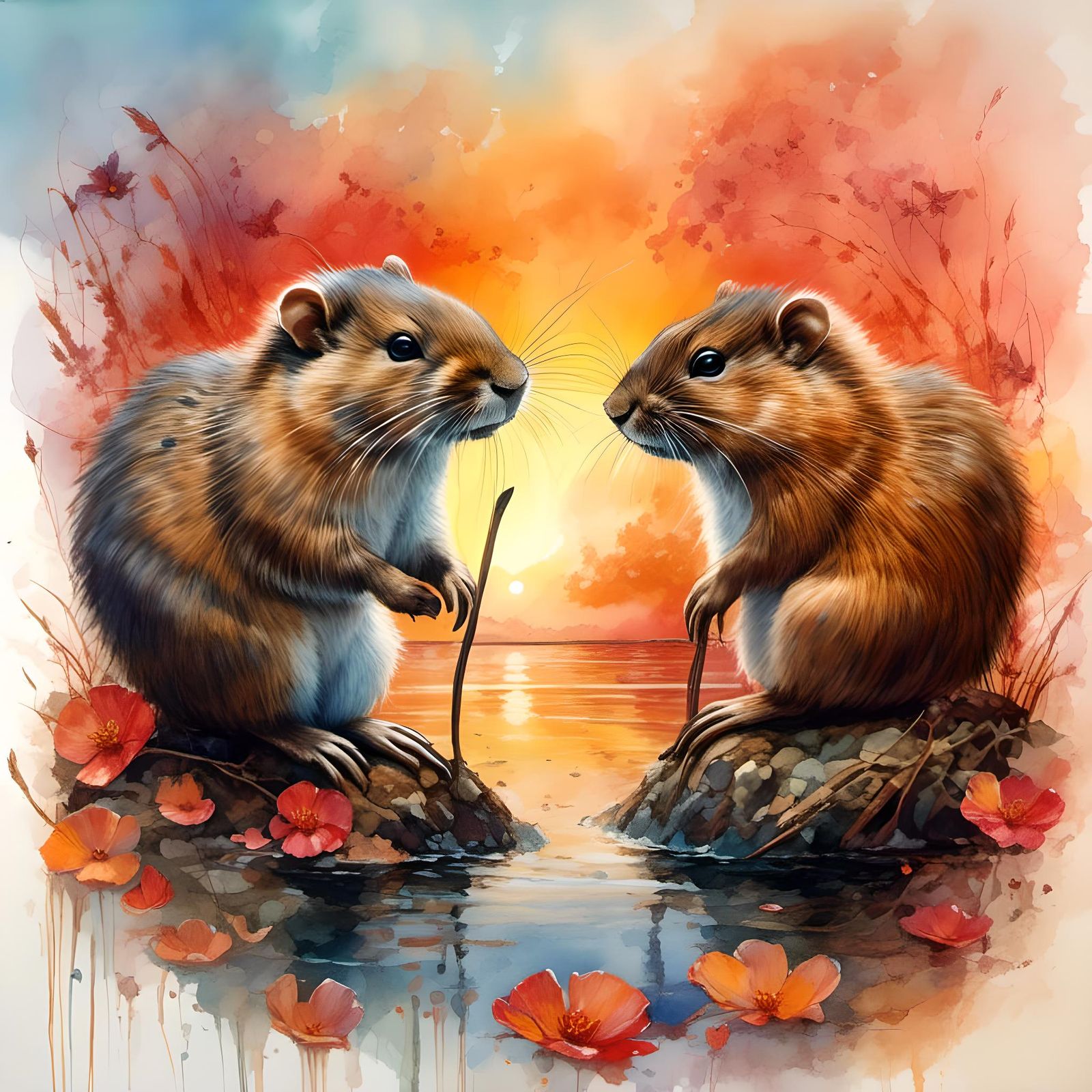 Muskrats in Love: Watercolor Sunrise