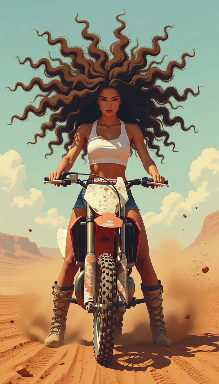 Woman with Long Hair and Dirt Bike