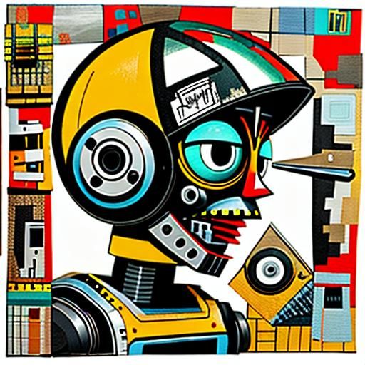 Abstract Scrap Robot Portrait in Mixed Media Collage